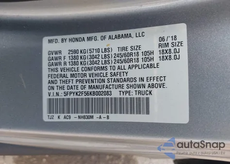 2019 Honda Ridgeline Rtl from USA, damaged, VIN 5FPYK2F56KB002083